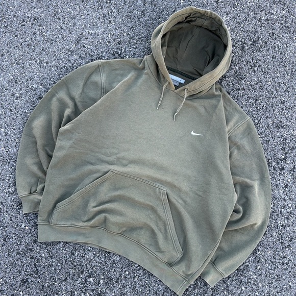 Vintage Nike Gray Tag Small Swoosh Army Green Pullover Hoodie Sweatshirt Size XL - Picture 2 of 7